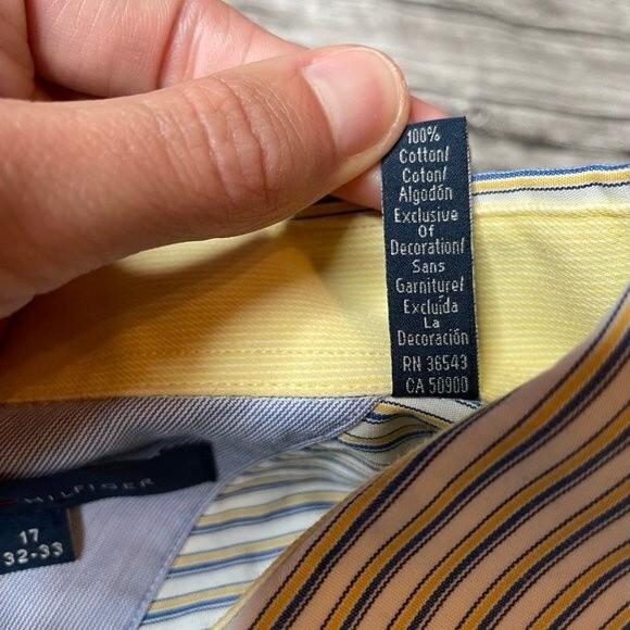 Tommy Hilfiger Mens Button Down Long Sleeve Shirt Yellow White Blue 17 32-33 - Picture 7 of 10